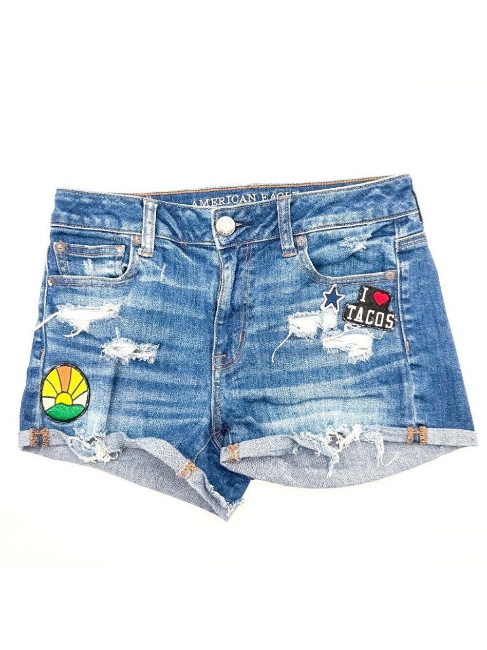 American Eagle Hi-Rise Shorts Size 4 Shortie Next Level Stretch Distressed Tacos